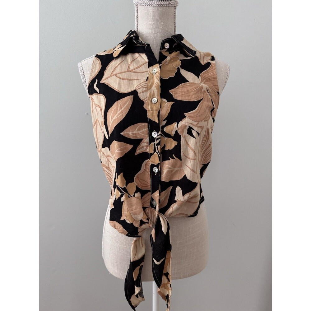 NWT Rachel Zoe Blue and Tan Floral Sleeveless Tie Blouse Linen Rayon Blend Sz XS
